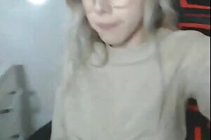 Petite Blonde with Glasses fingering her pussy
