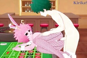 Mina Ashido and Momo Yaoyorozu and Izuku Midoriya Bunny Girl intense sex. - My Hero Academia Hentai