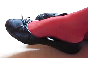 black leather sabrinas and red stockings - shoeplay by Isabelle-Sandrine