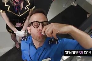 Blonde tgirl flight attendant Izzy Wilde getting analed by the pilot after he founds her ass plug
