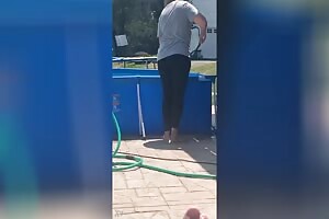 Sexy wife in leggings with great ass homemade outside pool