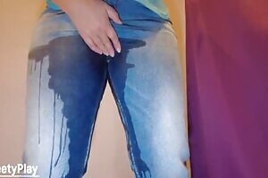 Jeans and pantie wetting with piss play